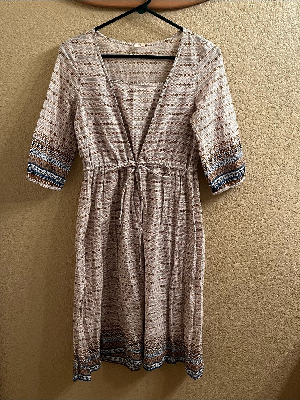 Women’s Beige Boho Tie-Waist Dress with Blue Accent